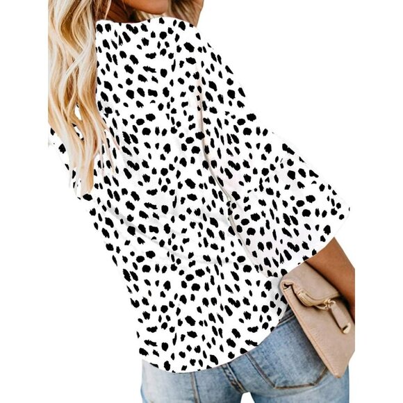 Women's Chiffon Button Down Top V Neck Tie Knot 3/4 Sleeve Casual Blouse - Picture 2 of 3